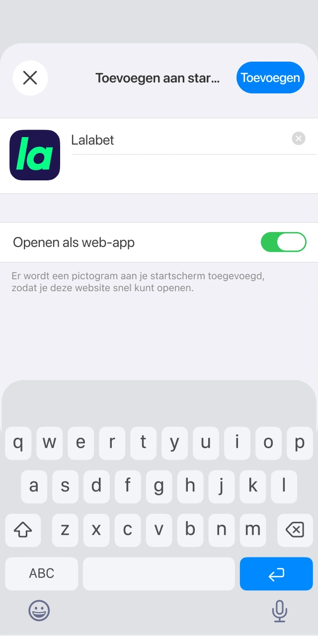 Controleer en bevestig de naam van de Lalabet app-snelkoppeling op uw apparaat.