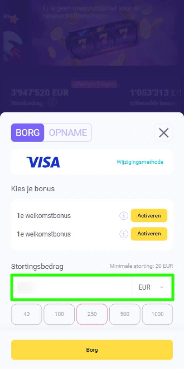 Invoeren van het gewenste stortingsbedrag op uw Lalabet account.