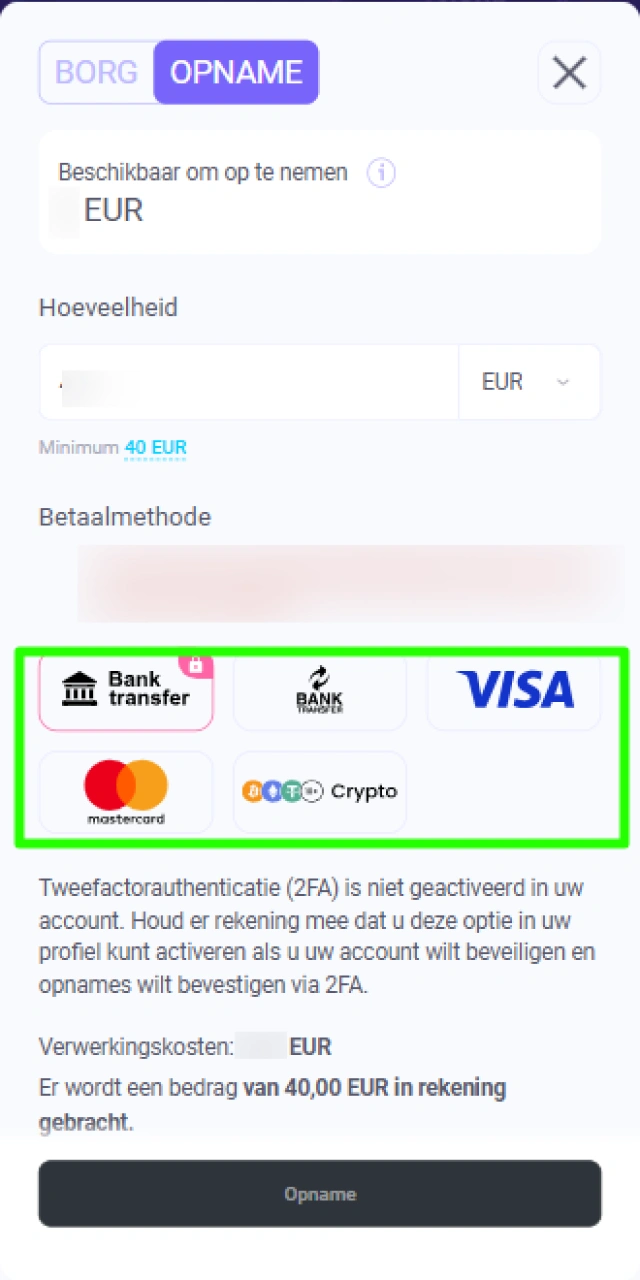 Kiezen van de gewenste uitbetalingsmethode voor het opnemen van geld bij Lalabet.