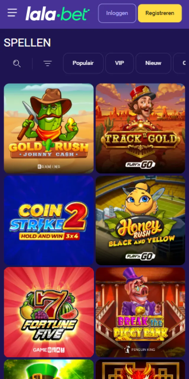 Schermafbeelding van de online casinosectie met gokkasten en live casinospellen bij Lalabet.