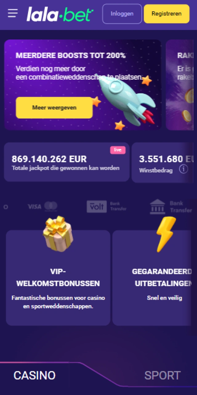 Schermafbeelding van de startpagina van Lalabet Nederland voor casino en sportweddenschappen.