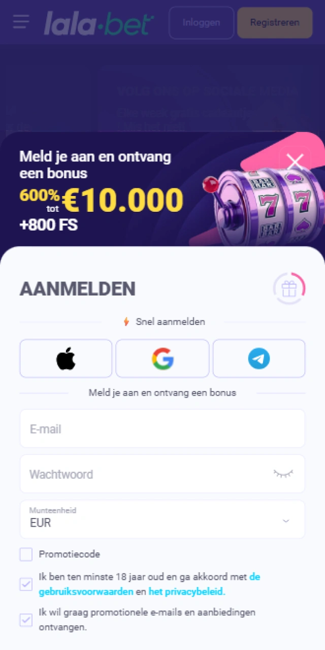 Schermafbeelding van het registratieformulier om een nieuw account aan te maken bij Lalabet.