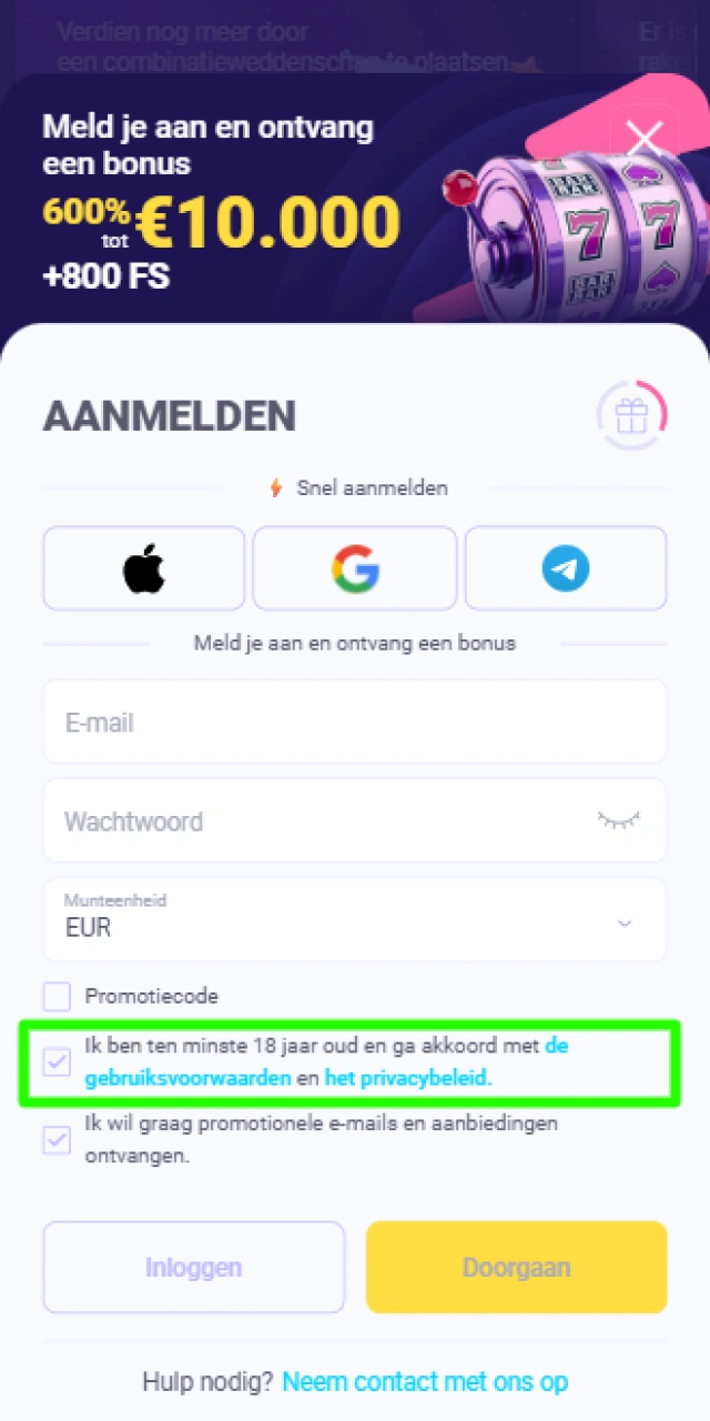 Accepteren van de algemene voorwaarden en het bevestigen van uw leeftijd bij Lalabet.